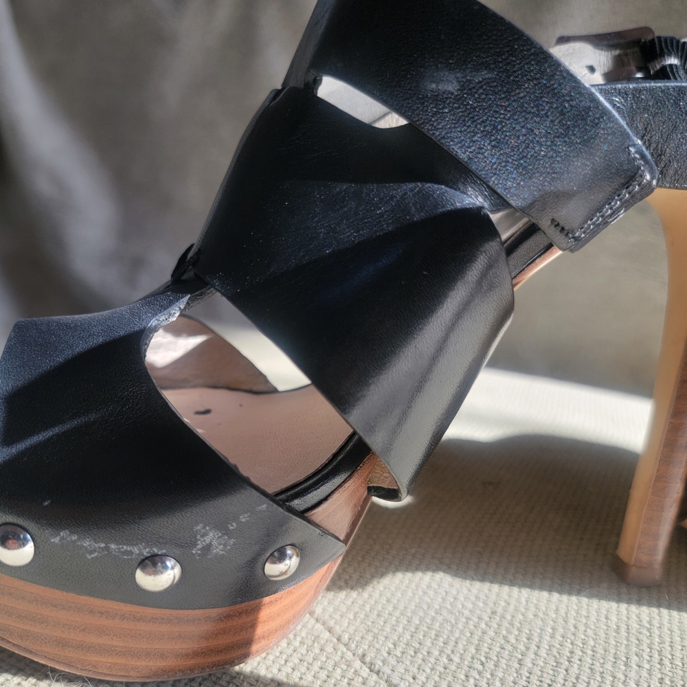 Black Leather High Heel Sandals - Picture 2 of 5